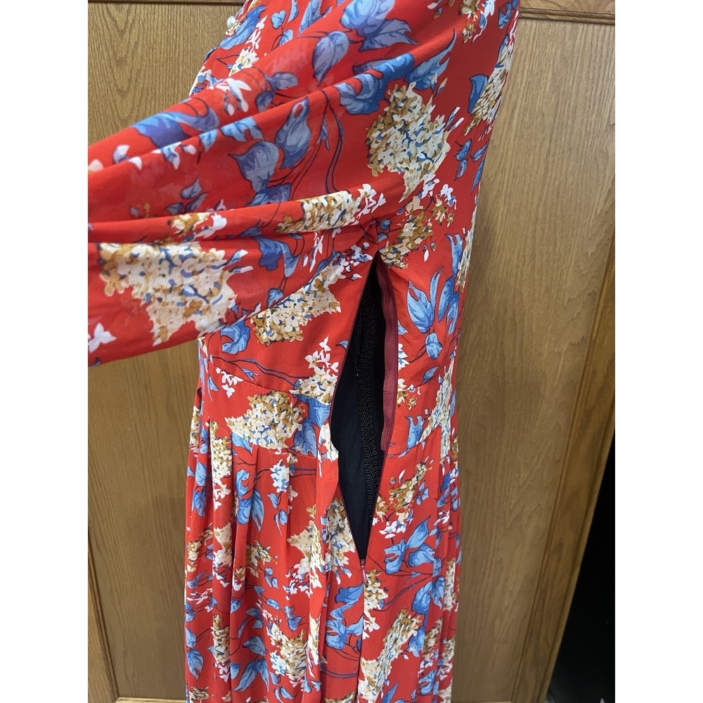 Red Floral Maxi Long Dress Medium Tie Back Classy Flowing - Picture 9 of 11